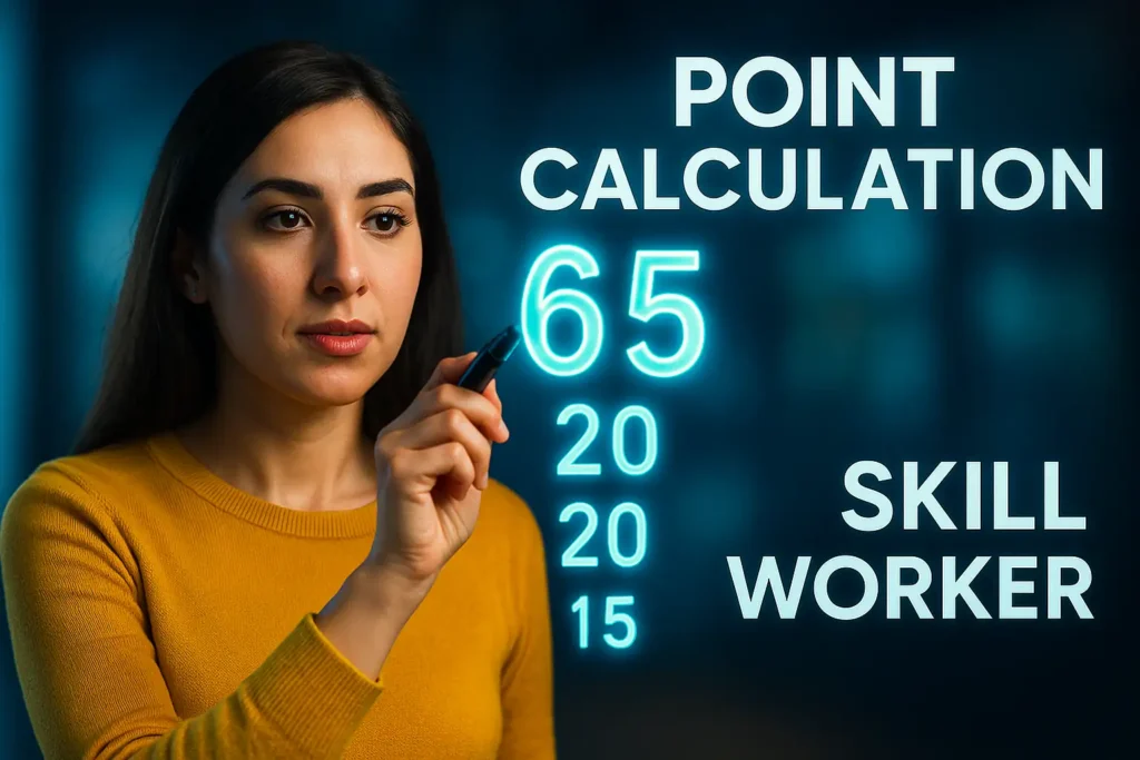 زن ایرانی در حال محاسبه امتیاز ویزای اسکیل ورکر با اعداد دیجیتالی شناور مقابل یک سطح شیشه‌ای - سیستم امتیازبندی ویزای اسکیل ورکر استرالیا - سیستم امتیازبندی ویزای اسکیل ورکر استرالیا