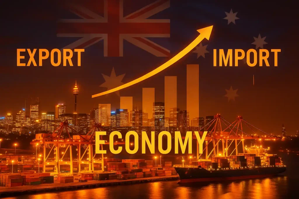 تصویر سینمایی از بنادر استرالیا با نورهای شب و نمودار رشد مرتبط با صادرات و واردات