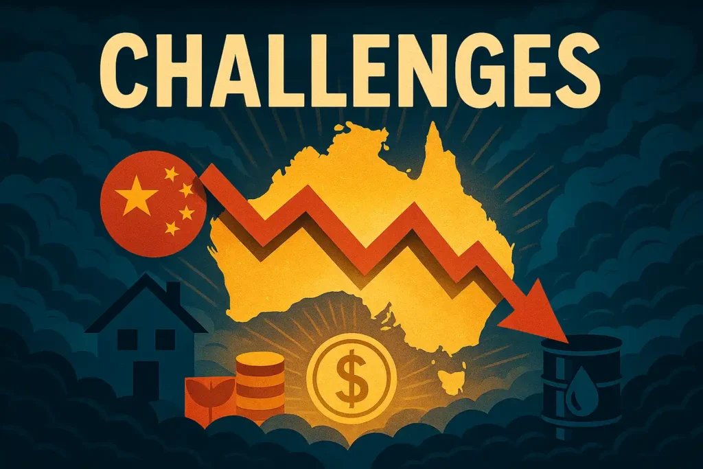 تصویر نمادین از چالش‌های اقتصادی استرالیا شامل وابستگی به چین، بحران انرژی، بازار مسکن و کاهش رشد اقتصادی