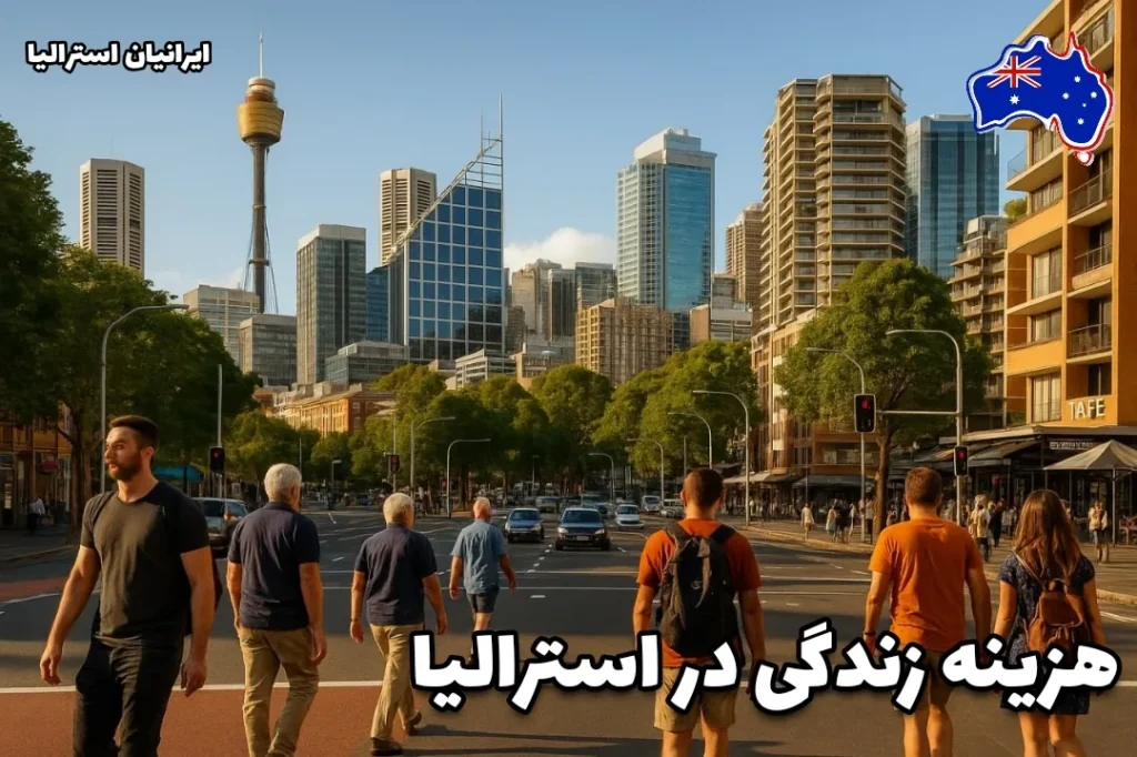 خیابانی در سیدنی استرالیا با مردم در حال عبور و ساختمان‌های مدرن در پس‌زمینه - هزینه زندگی در استرالیا