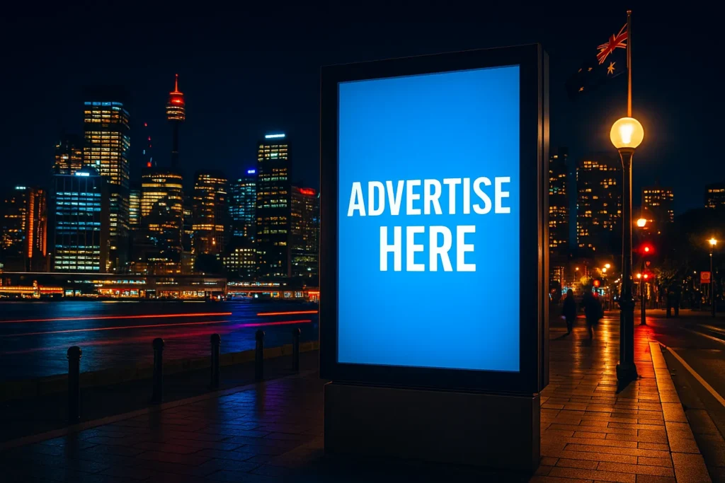 نمای شبانهای از تبلیغات تبلیغات در گروه های ایرانیان استرالیا با نورهای نئونی و بیلبوردهای درخشان