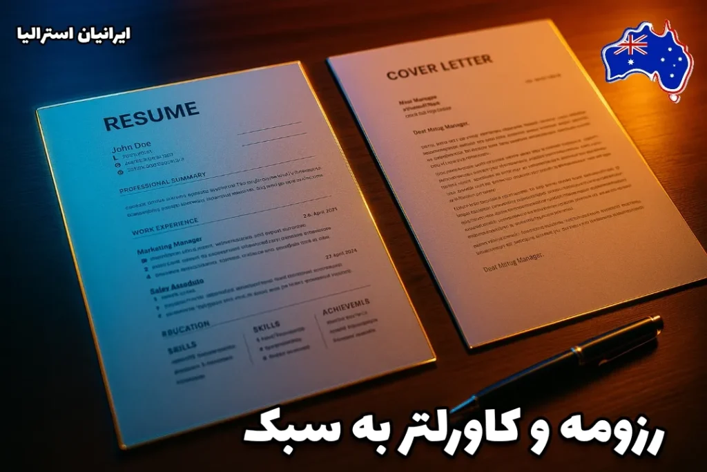 رزومه و کاورلتر به سبک استرالیایی روی میز چوبی با نور سینمایی آبی و طلایی