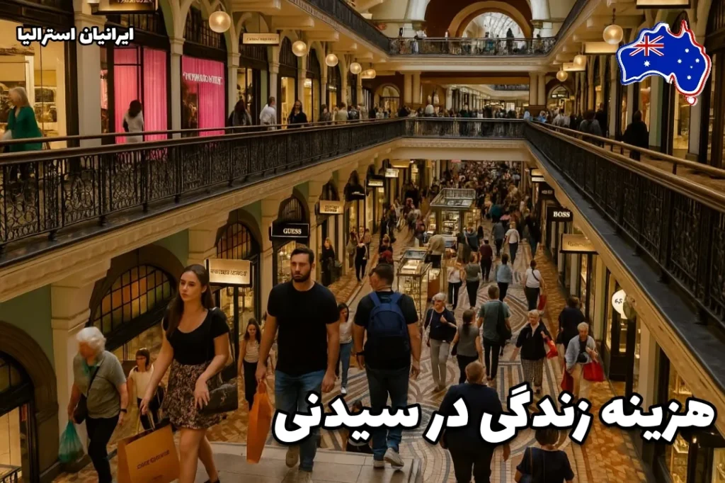 مرکز خرید شلوغ در سیدنی با مردم در حال خرید و رفت‌وآمد و هزینه زندگی در سیدنی