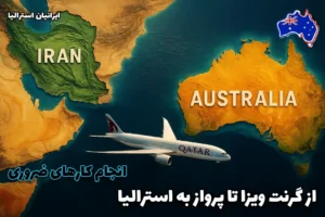 نقشه ایران و استرالیا با هواپیمای قطر ایرویز در حال پرواز از ایران به سمت استرالیا - از گرنت ویزا تا پرواز