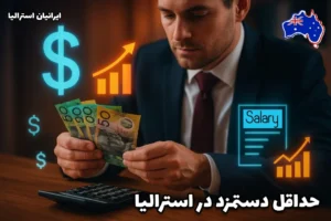 مرد ایرانی با کت و کراوات در حال شمردن اسکناس‌های دلار استرالیا روی میز، در کنار ماشین حساب و نمادهای دیجیتالی مربوط به حداقل دستمزد در استرالیا
