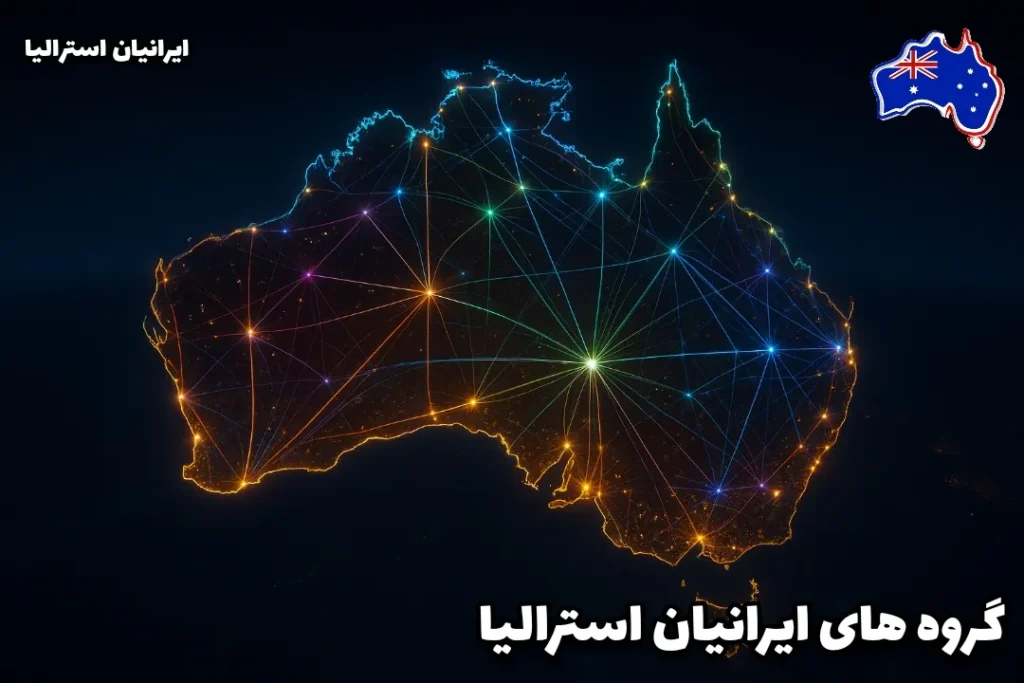 نقشه هنری استرالیا با خطوط درخشان رنگی شبیه شبکه فیبر نوری که شهرهای مختلف را به هم متصل کرده است؛ نمادی از ارتباط و همکاری ایرانیان در استرالیا - گروههای تلگرامی ایرانیان استرالیا