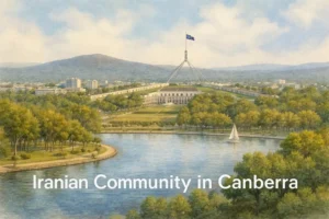 Iranian community in Canberra with a cinematic view of Parliament House and Lake Burley Griffin at sunset