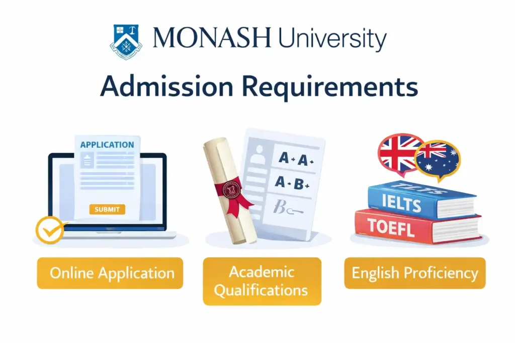 گرافیک دیجیتال که مراحل پذیرش دانشگاه موناش را به تصویر می‌کشد: درخواست آنلاین، مدارک تحصیلی و مدرک زبان انگلیسی (IELTS/TOEFL).