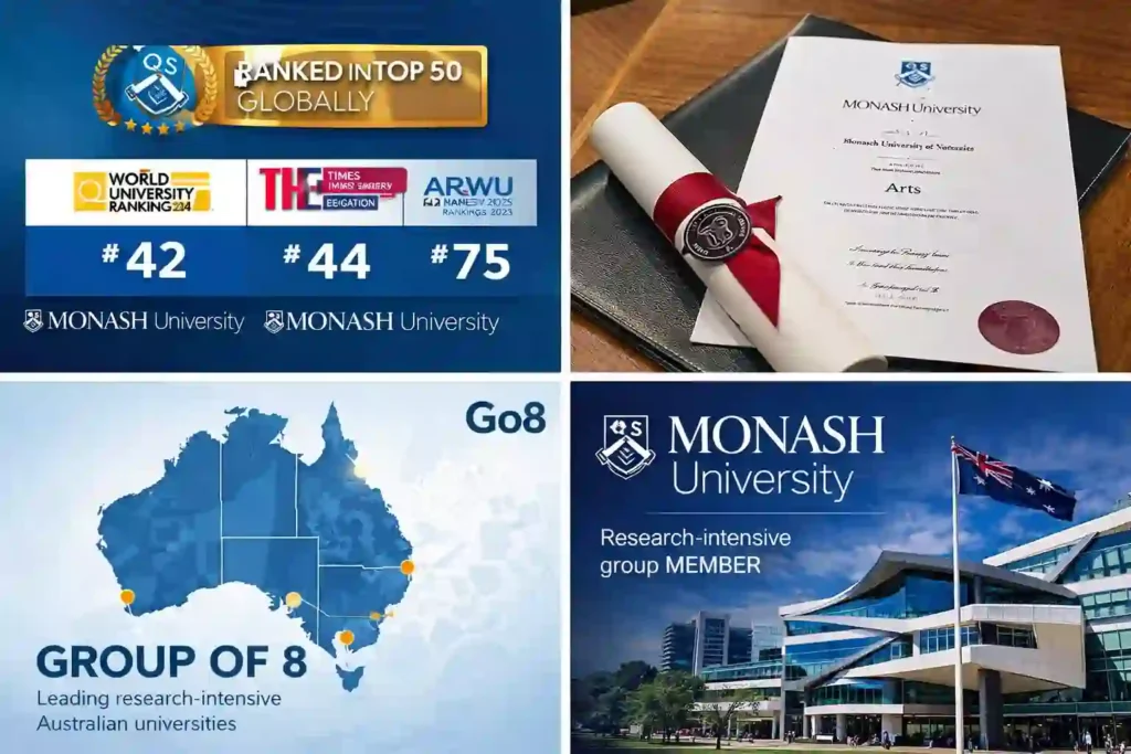 کلاژ دیجیتال که رتبه‌های جهانی دانشگاه موناش، اعتبار مدرک، عضویت در گروه هشت (Go8) و معماری مدرن پردیس دانشگاه را به نمایش می‌گذارد.