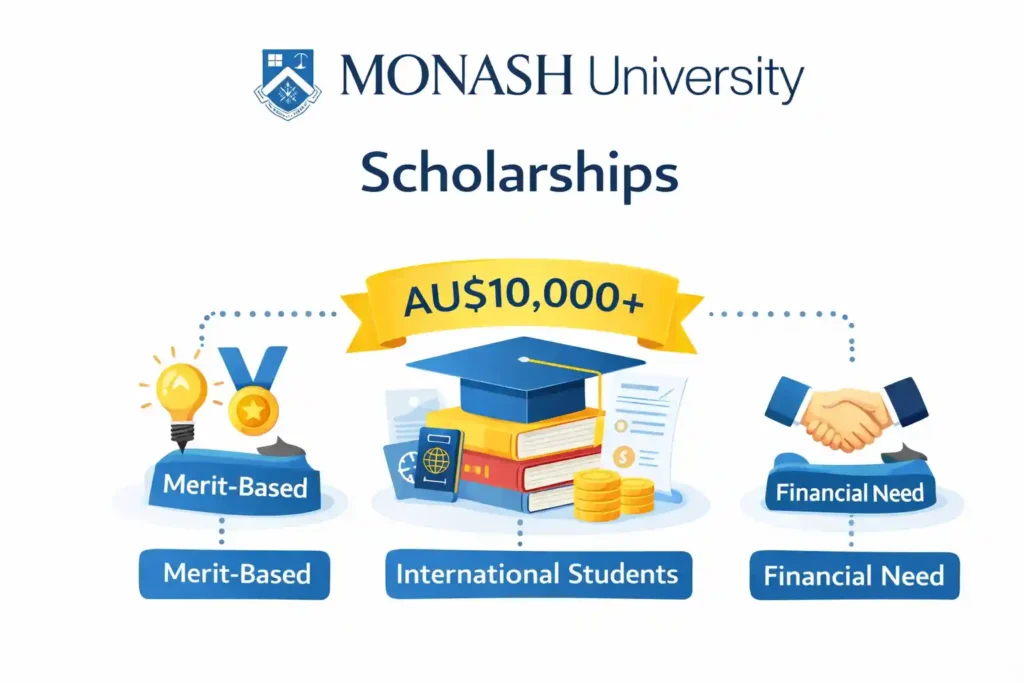 اینفوگرافیک دیجیتال که بورسیه‌های دانشگاه موناش را به نمایش می‌گذارد: بورسیه‌های مبتنی بر شایستگی، نیاز مالی و مخصوص دانشجویان بین‌المللی، با مبلغ بیش از ۱۰,۰۰۰ دلار استرالیا