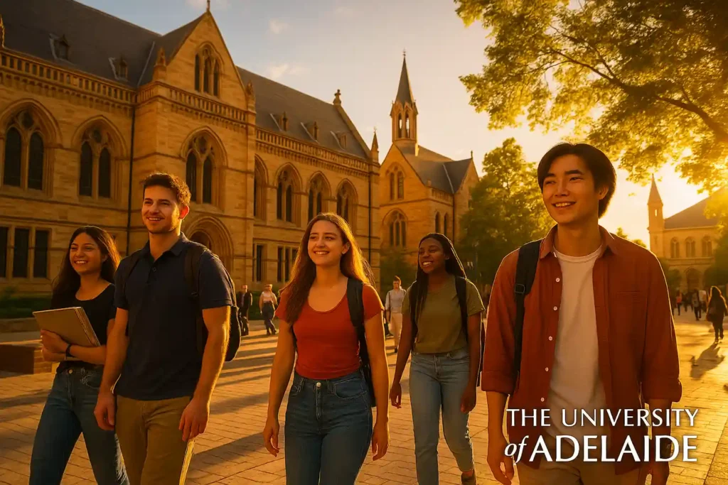 دانشجویان در حال عبور و مرور در محوطه اصلی University of Adelaide در یک روز آفتابی