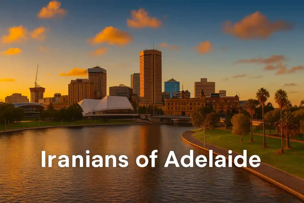 نمایی از خط افق شهر آدلاید در هنگام غروب با نوشته Iranians of Adelaide روی تصویر