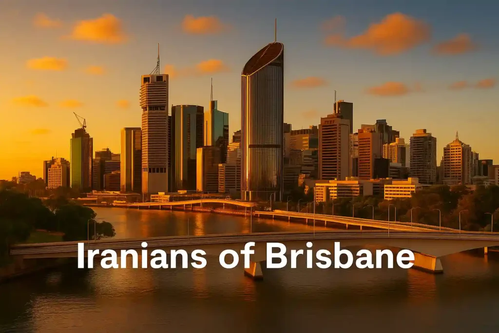 نمایی از افق شهر بریزبن هنگام غروب با متن Iranians of Brisbane در پایین تصویر