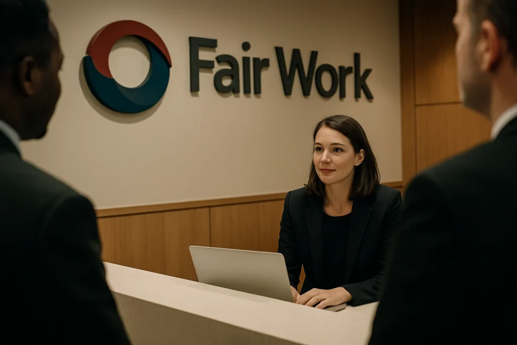 کارمند بخش پذیرش در دفتر Fair Work استرالیا که با دو مراجعهکننده در حال گفتگو است قانون کار استرالیا