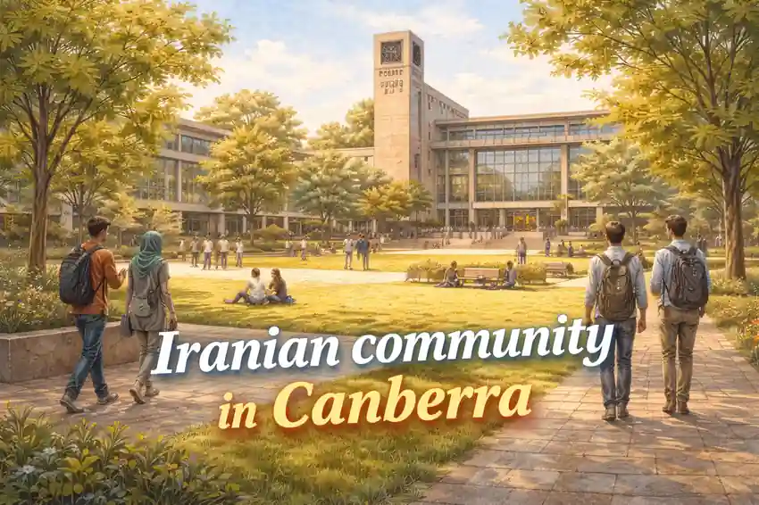 Iranian community in Canberra illustrated with a watercolor-style view of the Australian National University campus and students walking