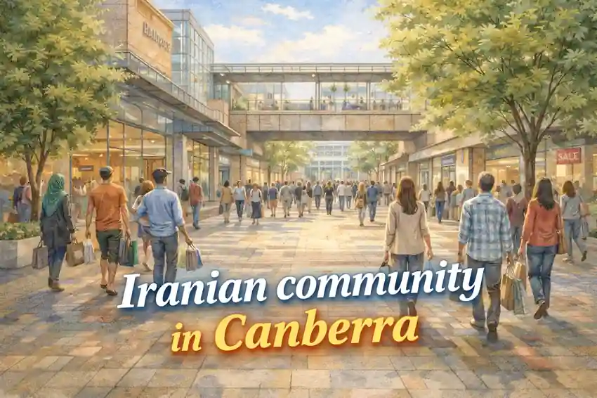 Iranian community in Canberra illustrated with a watercolor-style scene of a busy shopping centre and people walking