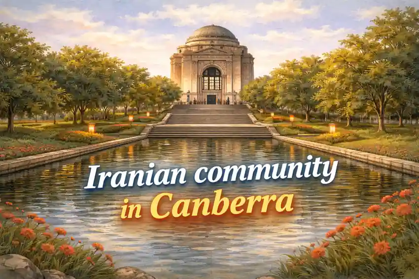 Iranian community in Canberra illustrated with a watercolor-style view of the Australian War Memorial and surrounding gardens