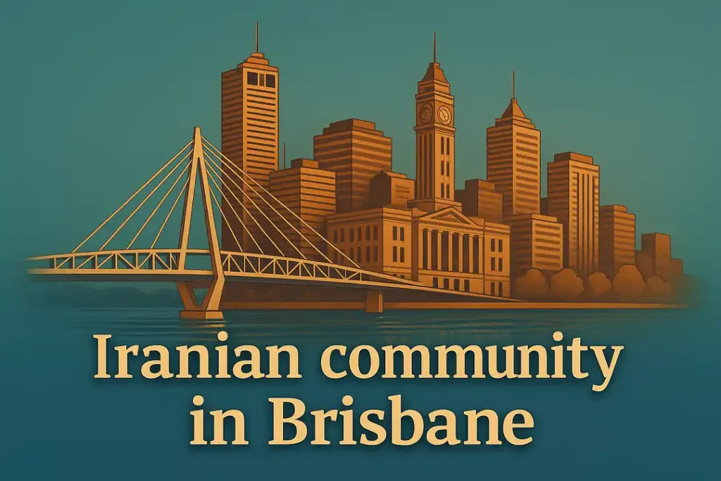 Iranian community in Brisbane illustrated skyline with Story Bridge and city landmarks