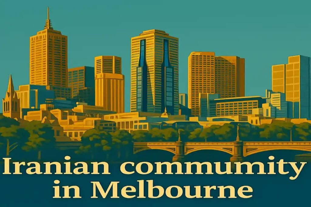 Iranian community in Melbourne illustrated with Melbourne CBD skyline in a cinematic artistic style