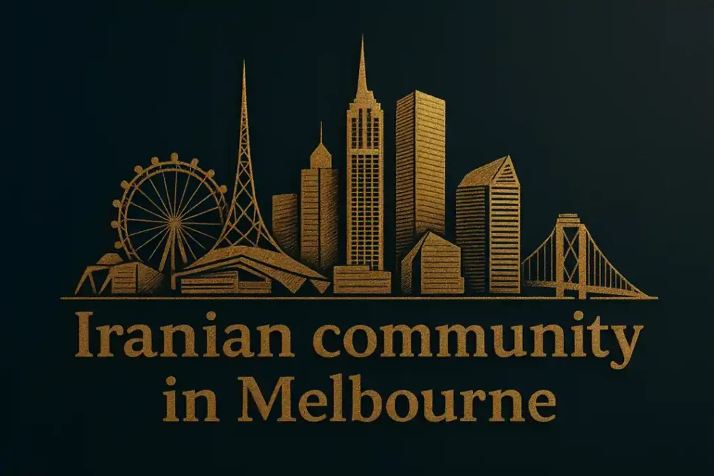 Iranian community in Melbourne illustrated with a golden Melbourne skyline in an artistic cinematic style