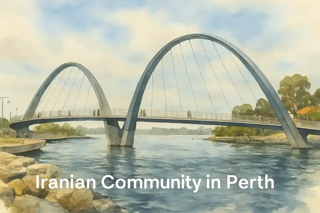 Watercolor-style illustration of a modern pedestrian bridge over the Swan River in Perth, symbolising the Iranian community in Perth, Western Australia