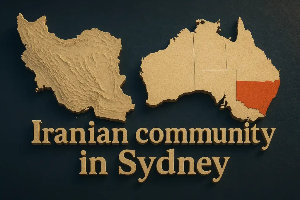 Iranian community in Sydney shown between Iran and New South Wales map