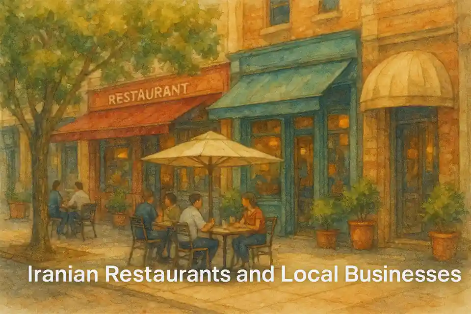 Watercolor-style illustration of Iranian restaurants and local businesses in Perth, showing outdoor dining and community life in Western Australia