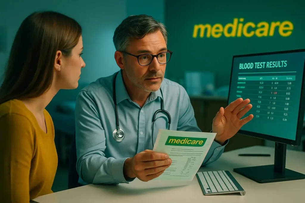 یک پزشک عمومی (GP) در استرالیا در حال بررسی نتایج آزمایش خون و توضیح خدمات تحت پوشش مدیکر برای بیمار است