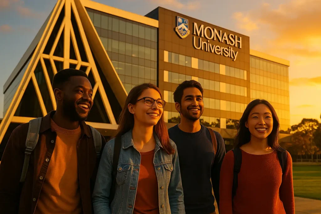 دانشجویان بین‌المللی در محوطه دانشگاه موناش استرالیا – فضای دانشگاهی مدرن و پویا