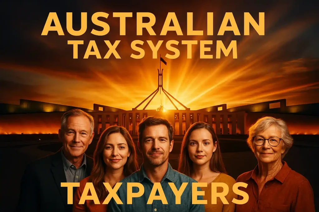 تصویر سینمایی از مالیات‌دهندگان استرالیایی در برابر ساختمان پارلمان استرالیا - راهنمای جامع سیستم مالیاتی استرالیا