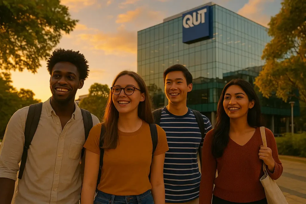 دانشجویان متنوع در محوطه دانشگاه QUT بریزبن – محیط دانشگاهی مدرن با انرژی مثبت