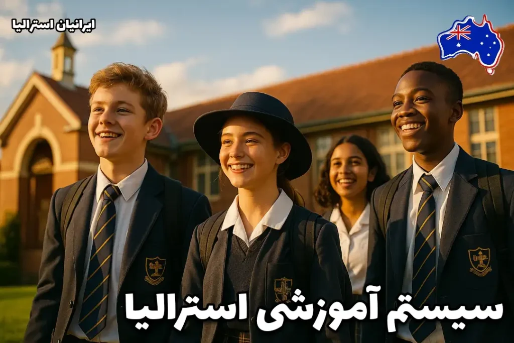 دانش‌آموزان استرالیایی با یونیفورم مدرسه در حیاط مدرسه و نمایی سینمایی سیستم آموزشی استرالیا