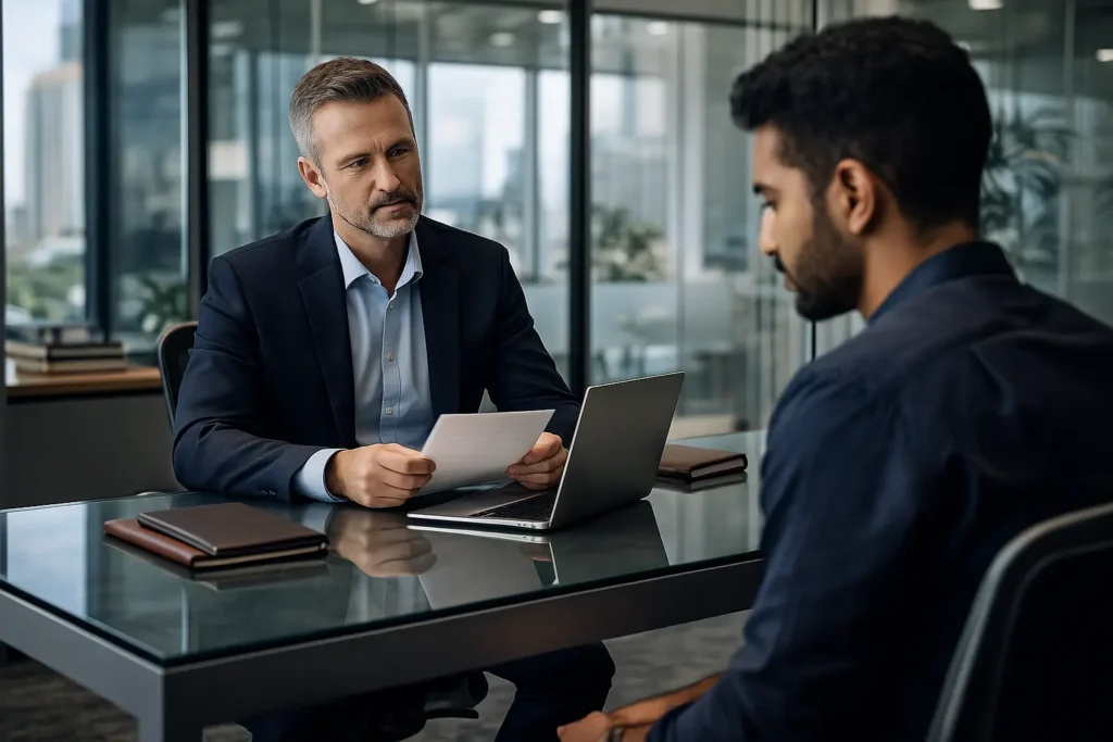 یک مدیر در دفتر اداری مدرن با کارمند جوان درباره پایان قرارداد یا اخراج گفتگو میکند