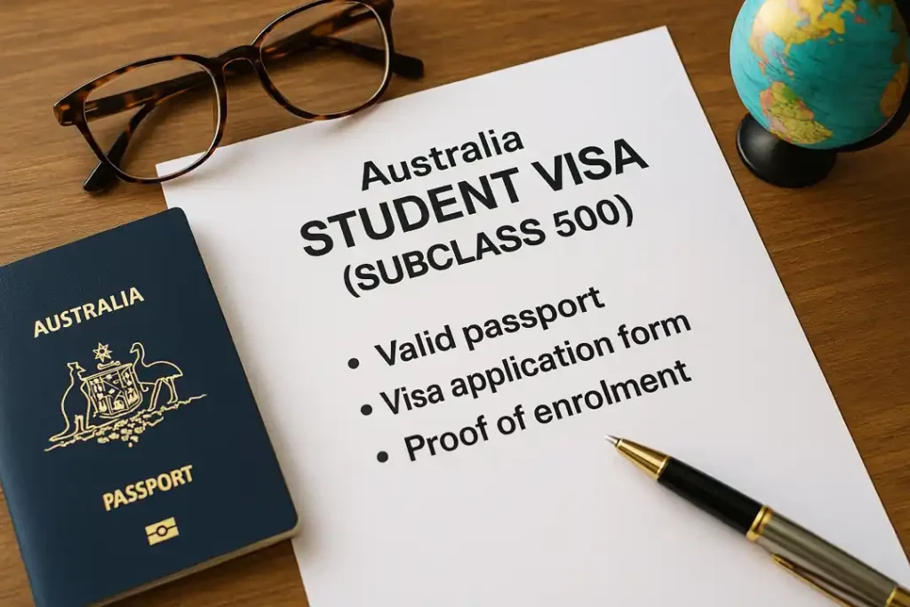 مدارک مورد نیاز برای ویزای دانشجویی 500 استرالیا شامل پاسپورت، فرم درخواست و تأییدیه ثبت‌نام