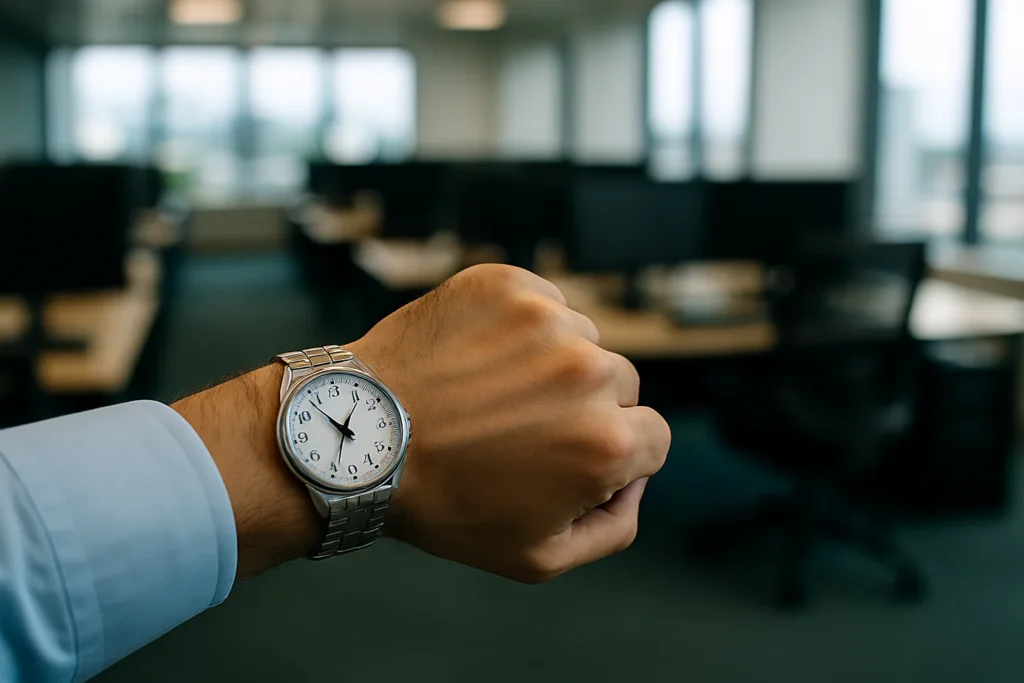کلوزآپ از یک ساعت مچی روی دست کارمند در محیط اداری، نشاندهنده زمان کاری.