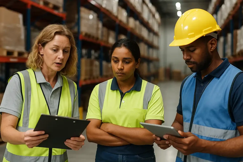 سه کارگر در یک انبار صنعتی که درباره فهرست کارها و برنامه شیفت گفتگو میکنند