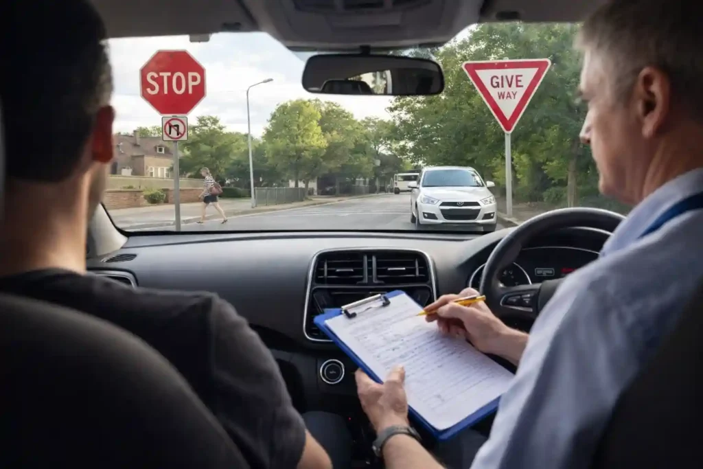 آزمون عملی رانندگی استرالیا در تقاطع شهری با تابلو ایست و حضور افسر آزمون