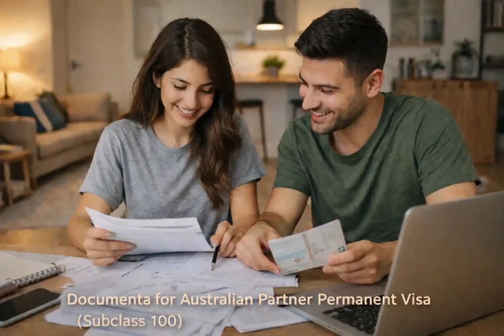 زوج ایرانی در منزل در حال آماده‌سازی مدارک لازم برای ویزای پارتنر دائم استرالیا (ساب‌کلاس 100)