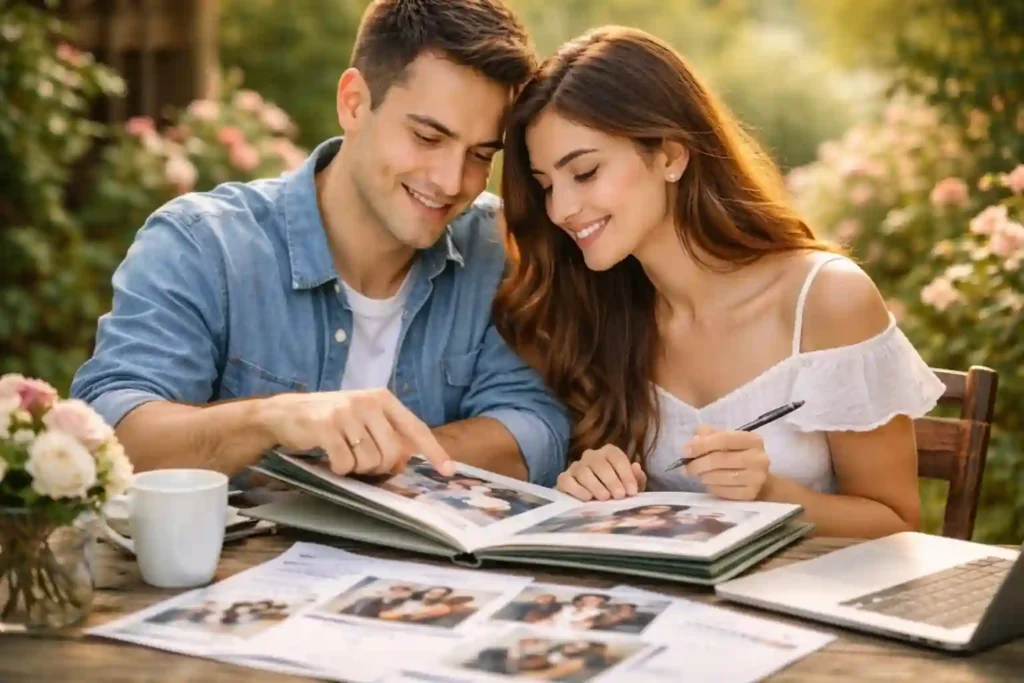 زوج ایرانی جوان در حال بررسی مدارک و آلبوم عکس برای اثبات رابطه واقعی در ویزای پارتنر استرالیا ساب‌کلاس 309