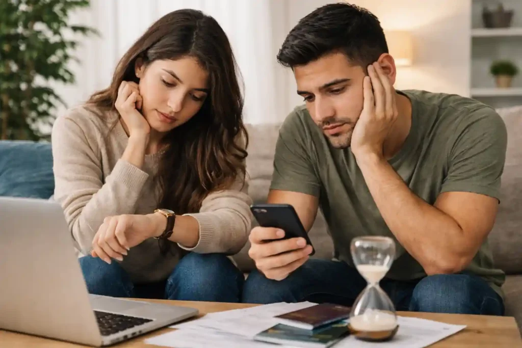 زوج ایرانی جوان در منزل در انتظار نتیجه بررسی ویزای پارتنر دائم استرالیا و پیگیری زمان پردازش پرونده