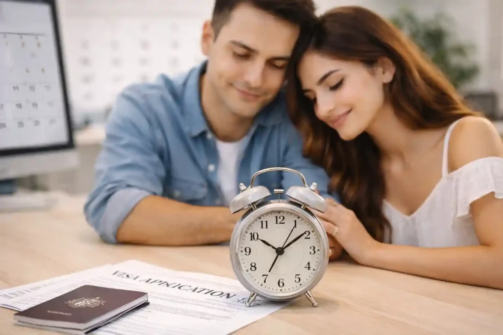 زوج ایرانی جوان در انتظار زمان‌بندی و پروسس ویزای پارتنر استرالیا ساب‌کلاس 309 همراه با مدارک و ساعت زمان