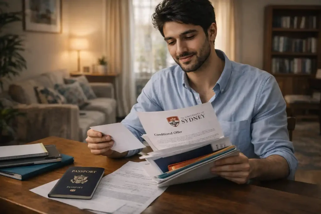 دانشجوی ایرانی در حال بررسی نامه پذیرش دانشگاه سیدنی و آماده‌سازی مدارک مورد نیاز