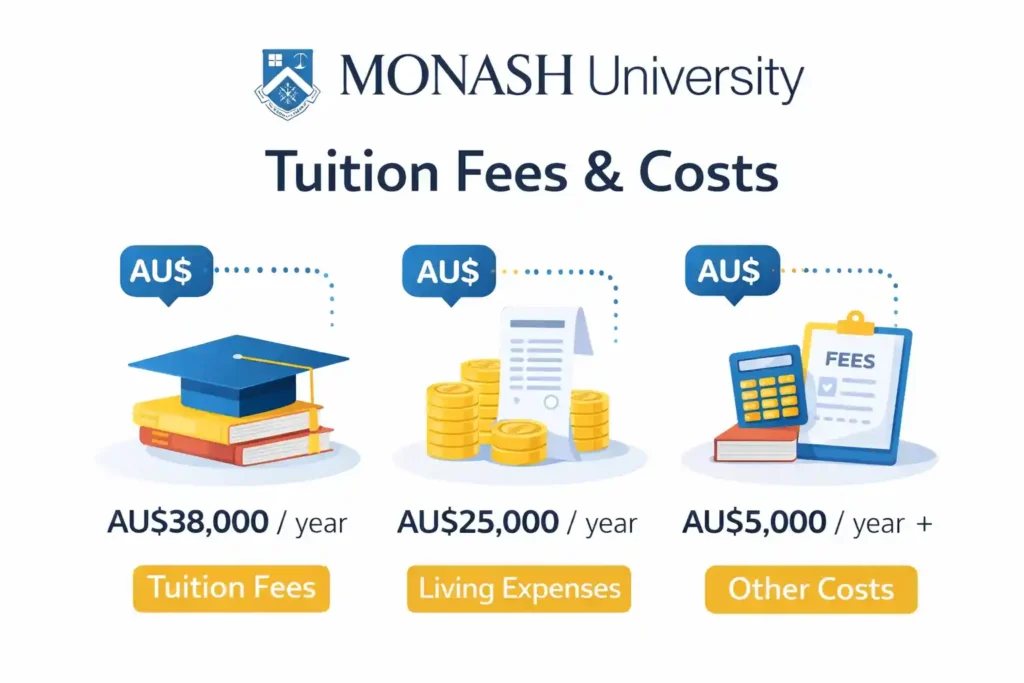 اینفوگرافیک دیجیتال که شهریه‌ها و هزینه‌های تحصیل در دانشگاه موناش را به نمایش می‌گذارد: شهریه، هزینه‌های زندگی و سایر هزینه‌ها به دلار استرالیا.