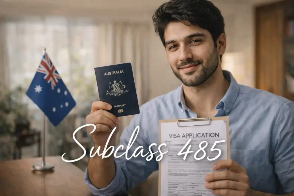 دانشجوی ایرانی جوان در حال نمایش فرم درخواست ویزای 485 استرالیا با پس‌زمینه‌ای روشن و حرفه‌ای