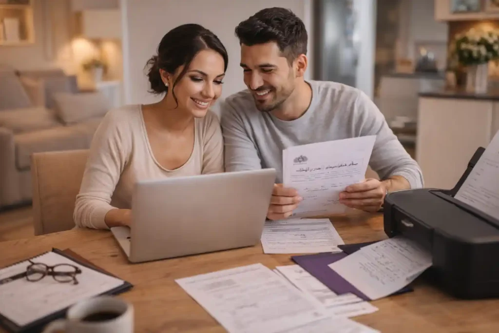 نامزد ایرانی در حال تهیه مدارک ویزای ازدواج آینده استرالیا در منزل با لباس راحتی