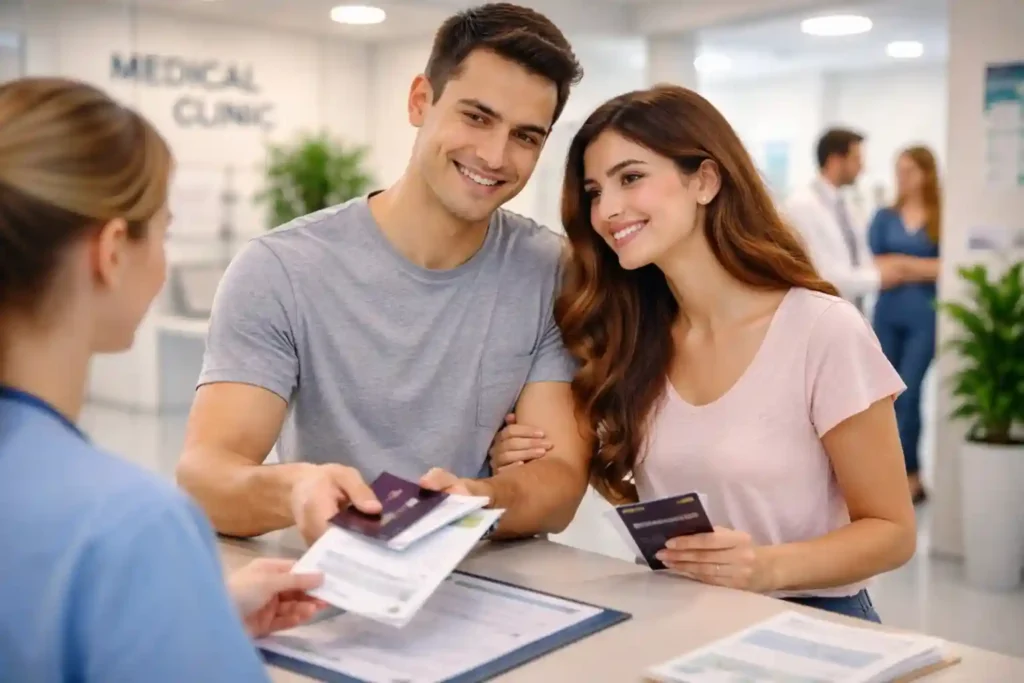 زوج ایرانی جوان با لباس اسپرت در مرکز پزشکی برای انجام آزمایشات پزشکی ویزای پارتنر استرالیا ساب‌کلاس 309