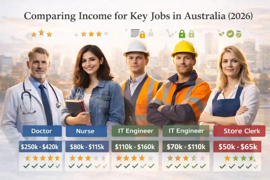 مقایسه درآمد مشاغل مختلف در استرالیا شامل پزشک، پرستار، مهندس IT و مشاغل خدماتی