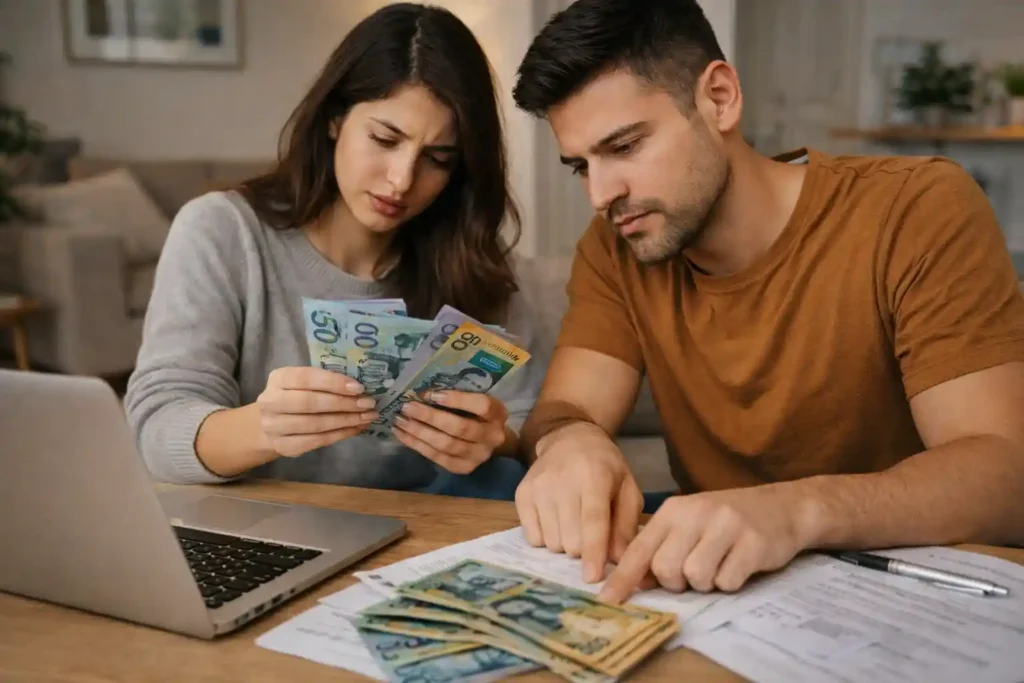 زوج ایرانی جوان در حال بررسی هزینه ویزای پارتنر دائم استرالیا با اسکناس‌های دلار استرالیا در فضای خانگی