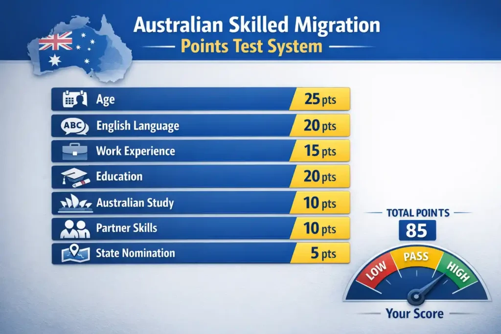 سیستم امتیازبندی اسکیل ورکر استرالیا شامل سن، زبان انگلیسی، سابقه کار، تحصیلات، تحصیل در استرالیا و امتیازات تکمیلی