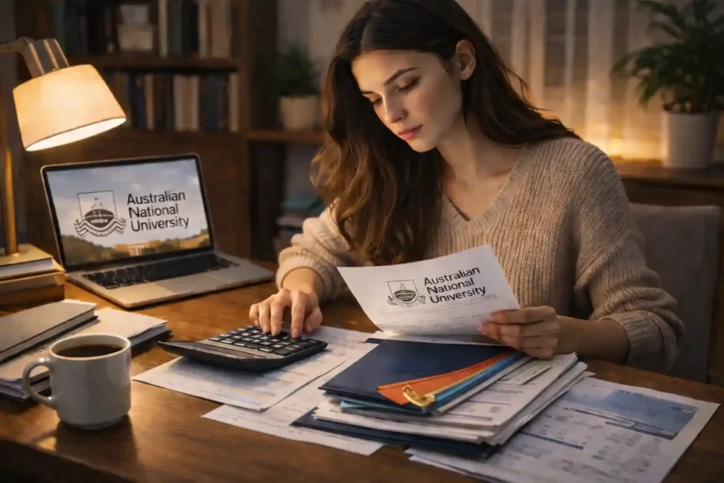 دانشجوی دختر در حال تهیه و بررسی مدارک پذیرش دانشگاه ملی استرالیا با لپ‌تاپ و پوشه‌های تحصیلی
